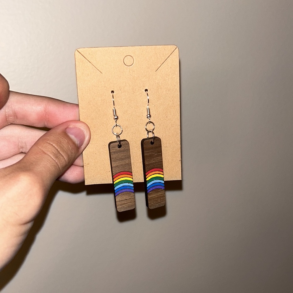 Handmade Wooden Rainbow Boho Dangle Earrings Hand Painted & Engraved Y2K Summer - Picture 4 of 9
